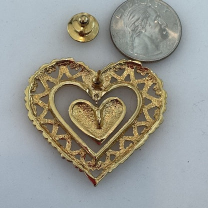 Vintage Avon 1990 Dangling Heart Gold Tone Red Enamel 1 1/2” Pin