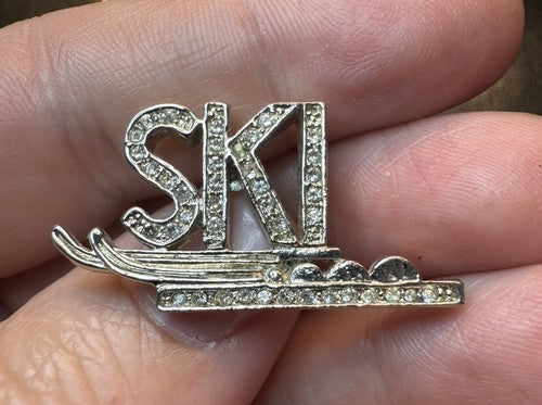 Vintage SKI Rhinestone Silver Toned Lapel Pin