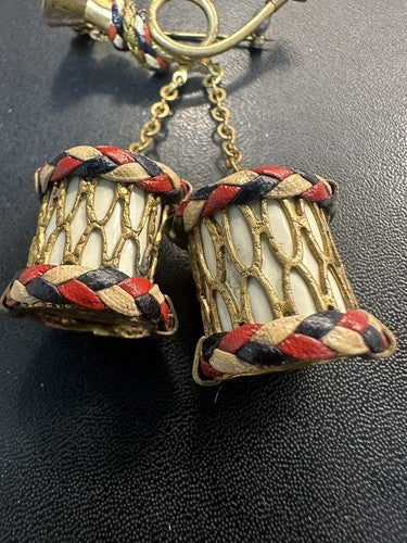 WWII Patriotic Red White Blue Braided Leather Drum Bugle Sweetheart Brooch