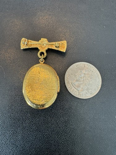 The Vatican Library Collection Gold Bar Locket Dangle Brooch Pin Red Crystals