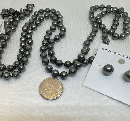 White House Silvery Black Market Black Pearl 56” Necklace & Earring Set NWT