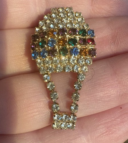 Beautiful Multicolor Rhinestone Hot Air Balloon Brooch Pin Dangle Basket