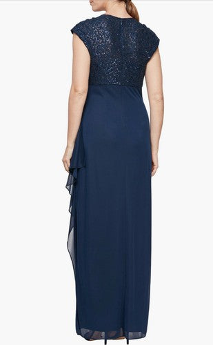 Alex Evenings Womens Embellished Empire Waist Drape Evening Dress 14 Blue