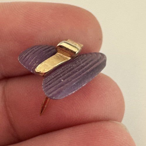 AVON Garden Party Pin Purple Sunhat Gold Tone Bow Lapel Hat Easter Bonnet