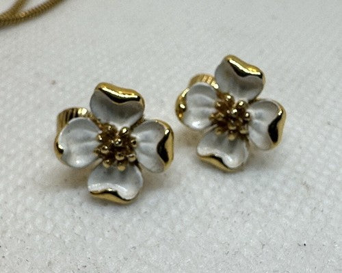 VTG Crown Trifari Dogwood Enameled Necklace Earrings Brooch Set Parure