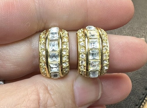Christian Dior Vintage Clip Earrings Gold Chunky Half Hoop Rhinestone 80s