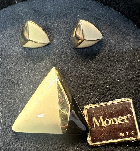 VTG Modernist ENAMEL MONET BLACK CREAM GOLD BROOCH EARRINGS NWT 80s