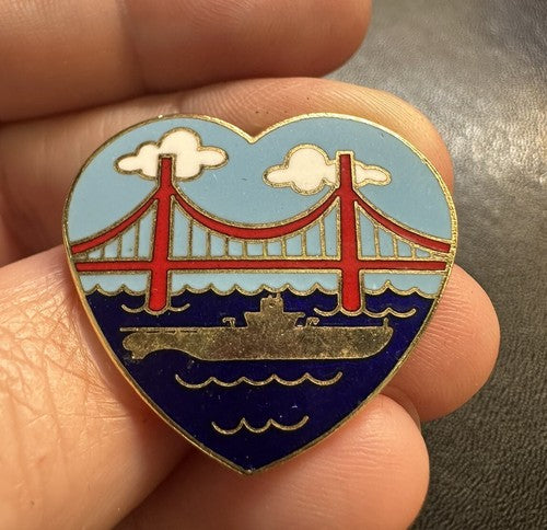 Vintage San Francisco Golden Gate Bridge Submarine Heart Enamel Pin Navy