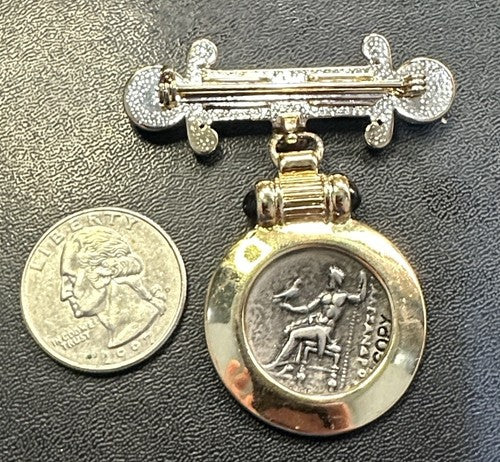 VINTAGE GOLD TONE ANCIENT COIN BAR DANGLE ENHANCER BROOCH PIN 2" NEW