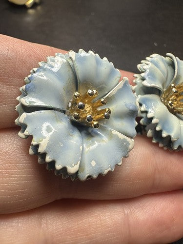 RARE Vintage Crown Trifari Large Blue Carnation Enamel Clip Earrings A. Phillipe