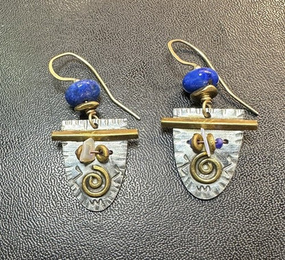 Marcia Q Miller~Lapis Lazuli, Stamped Pewter & Brass Earrings