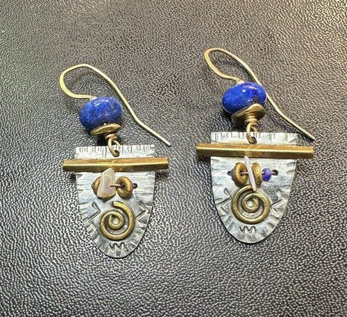 Marcia Q Miller~Lapis Lazuli, Stamped Pewter & Brass Earrings