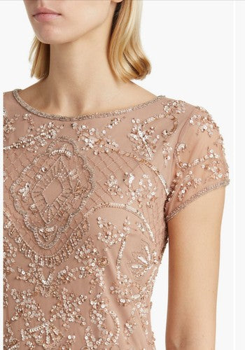 Pisarro Nights Beaded Mesh Midi Gown Beaded Sequin Beige Dress Size 10