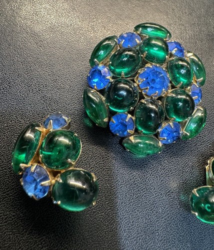 Vintage Brooch Clip On Earrings Set Gold Tone Blue Green Rhinestone