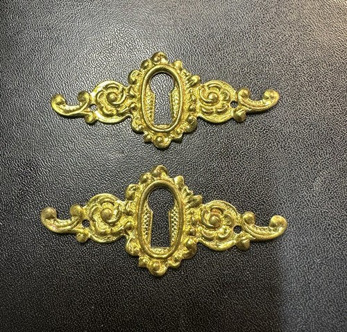 Stamped Brass Skeleton Key Hole Cover Escutcheon Hardware Pair
