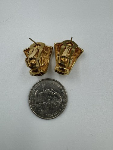 Vintage Signed KJL Kenneth J Lane Gold Tone Clip On Post Earrings Fan Shell Deco