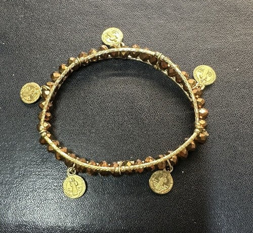 St. Benedict Medal Faceted Copper Gold Stretch Charm Bracelet