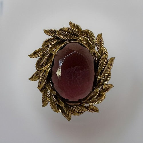 Incredible Glass BROOCH Pin Large Purple Stone RHINESTONE GOLD TONE LEAF MOTIF