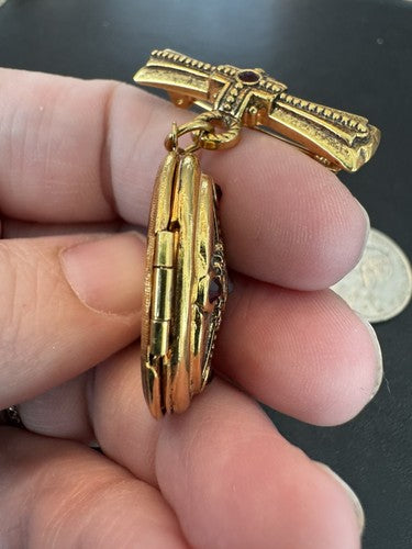 The Vatican Library Collection Gold Bar Locket Dangle Brooch Pin Red Crystals
