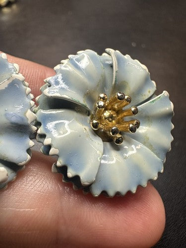 RARE Vintage Crown Trifari Large Blue Carnation Enamel Clip Earrings A. Phillipe