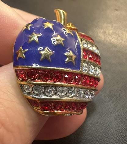 American Flag Apple Brooch Pin Gold Tone Rhinestones Red White & Blue Enamel