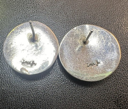 Vtg Navajo Signed Coin Silver Saucer Disk Concho Post Earrings Ina J.