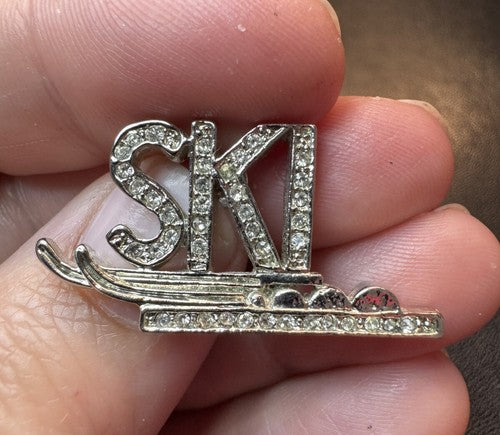 Vintage SKI Rhinestone Silver Toned Lapel Pin