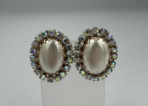 Vintage AB Rhinestone Faux Pearl Gold Tone Clip On Statement Earrings