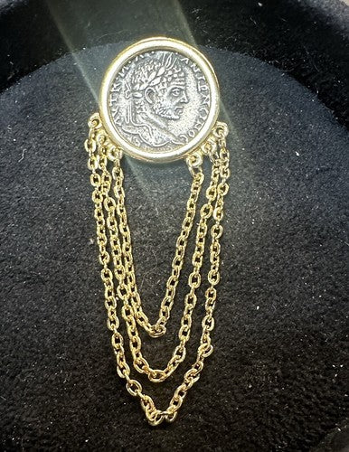 Gold Tone Greek Coin Replica with Draping Chains - Caracalla - Pin Brooch
