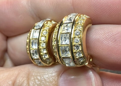 Christian Dior Vintage Clip Earrings Gold Chunky Half Hoop Rhinestone 80s