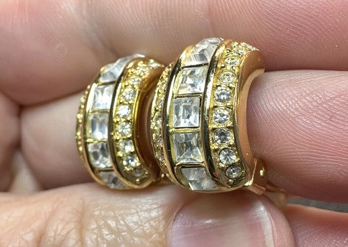 Christian Dior Vintage Clip Earrings Gold Chunky Half Hoop Rhinestone 80s