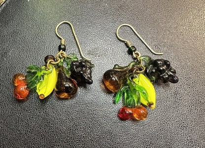 VINTAGE GLASS FRUIT EARRINGS BANANA PEAR CHERRY GRAPES DANGLE! CARMEN MIRANDA