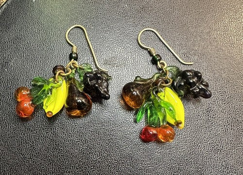 VINTAGE GLASS FRUIT EARRINGS BANANA PEAR CHERRY GRAPES DANGLE! CARMEN MIRANDA