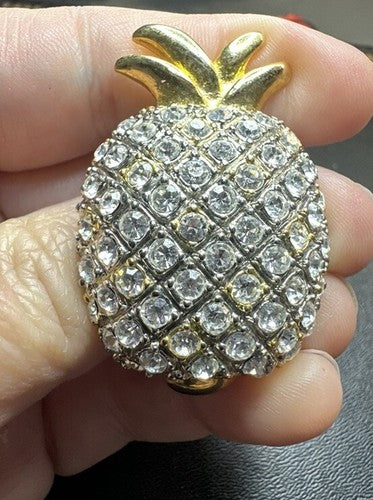 Pineapple Brooch Vintage Figural, Rhinestone, Gold Tone, Fruit, Costume Jewelry