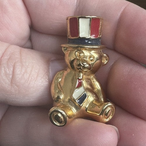Vintage Avon Patriotic Teddy Bear Lapel Pin Red White Blue Uncle Sam July 4th