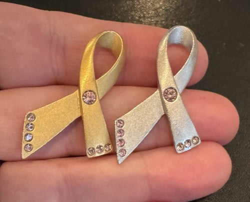 Avon Signed Pink Rhinestone Gold and Silver Tone Breast Cancer Ribbon Lapel Pin