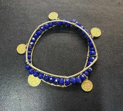 St. Benedict Medal Faceted Blue Gold Stretch Charm Bracelet