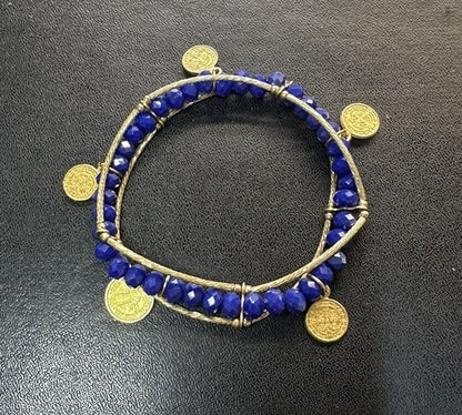 St. Benedict Medal Faceted Blue Gold Stretch Charm Bracelet