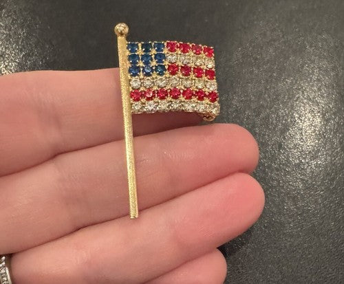 Crystal Rhinestone Brooch Pin Flag American USA Red White Blue Gold Tone Vintage