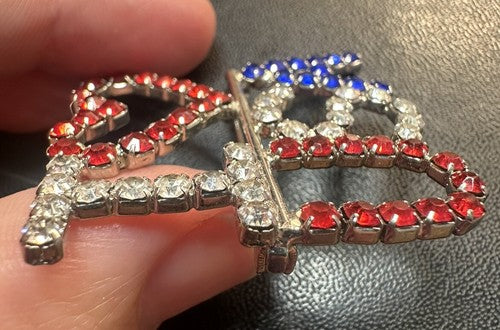 Patriotic I Heart Love USA America Flag Rhinestones Prong Set Silver Tone