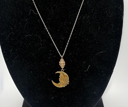 Signed Piddily Links Vintage Necklace Pendant Crescent Moon Glass 1980s RARE