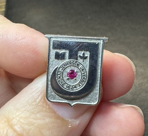 Vintage Pin, Thomas Jefferson University 1824 Silver Tone Red Stone