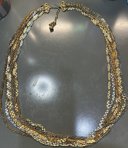Vintage Faceted Etched Metal Chain Necklace Multi Strand Gold Silver Tone