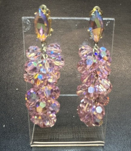 Lewis Segal Vintage Earrings Chandelier Pink Aurora Borealis Statement Clip On