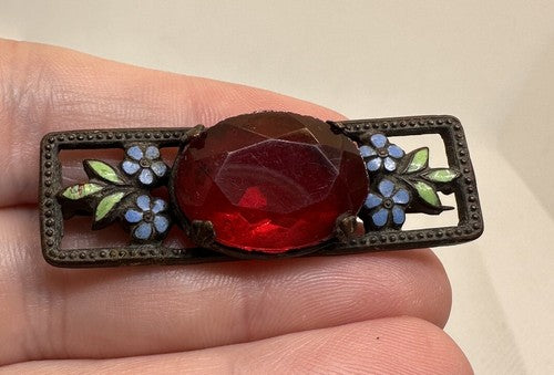 Vtg Ruby Glass Forget Me Not Flower Brooch Enamel Red Rhinestone C Clasp