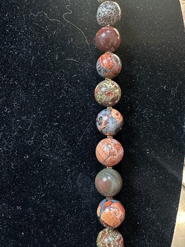 Gorgeous Vintage Estate Brecciated Jasper Hand Knotted Beaded Necklace 10mm 30”
