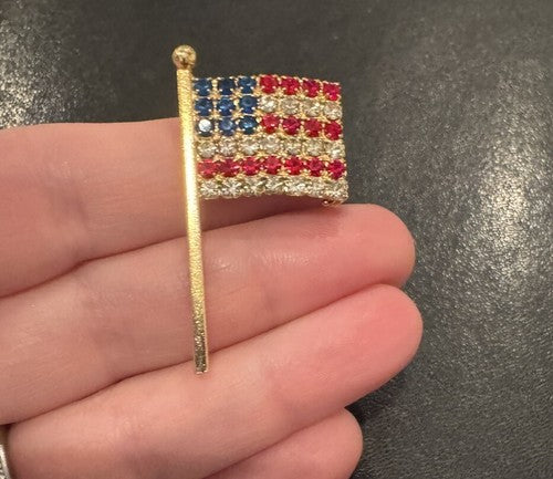 Crystal Rhinestone Brooch Pin Flag American USA Red White Blue Gold Tone Vintage