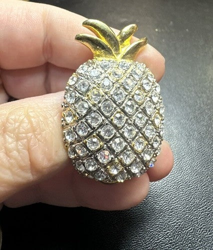 Pineapple Brooch Vintage Figural, Rhinestone, Gold Tone, Fruit, Costume Jewelry