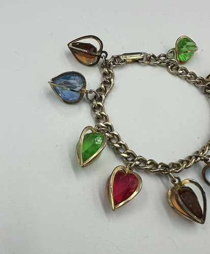 Vintage Lovely Gold Tone Caged Heart Multicolor Dangle Charm Bracelet Rainbow
