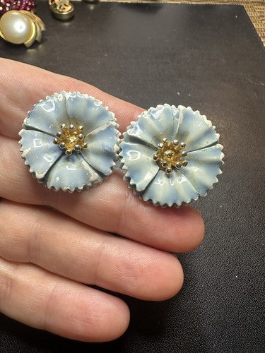 RARE Vintage Crown Trifari Large Blue Carnation Enamel Clip Earrings A. Phillipe